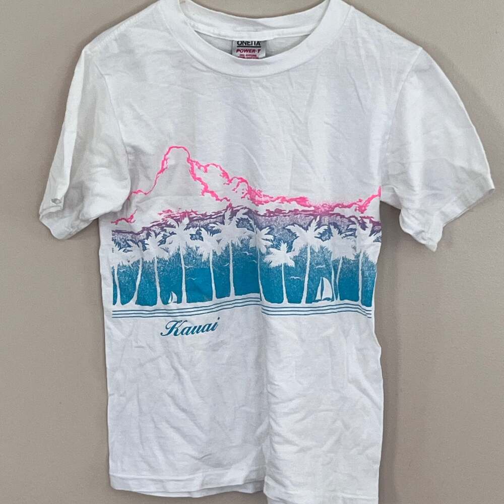 Vintage Hawaii T Shirt 80s Single Stitch White Neon Palm Trees